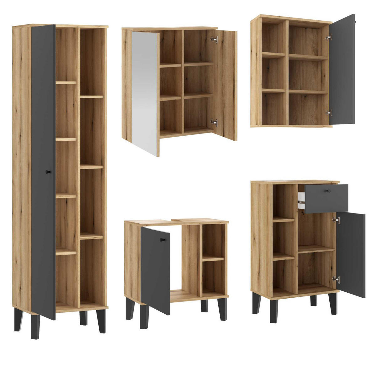 BADMÖBEL-SET 5-teilig grau, Evoke Eiche, Badkombination 182 x 190 cm - Eichefarben/Grau, Glas/Holzwerkstoff (182/190/33cm) - Furn.Design