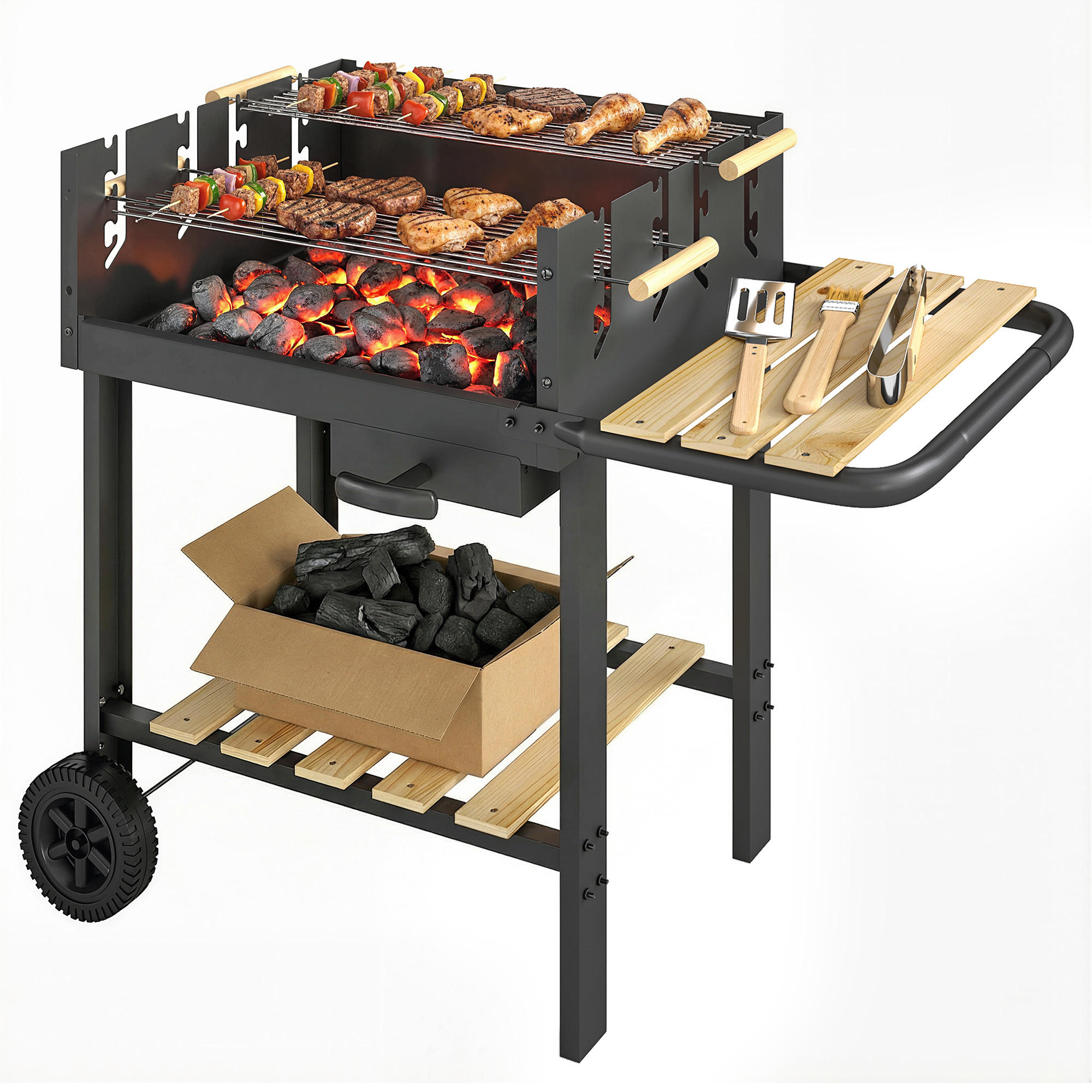 HOLZKOHLEGRILL DE-10306 mit 2 Holzablagen - Schwarz, Metall (58/82/99.5cm) - ComfortXL