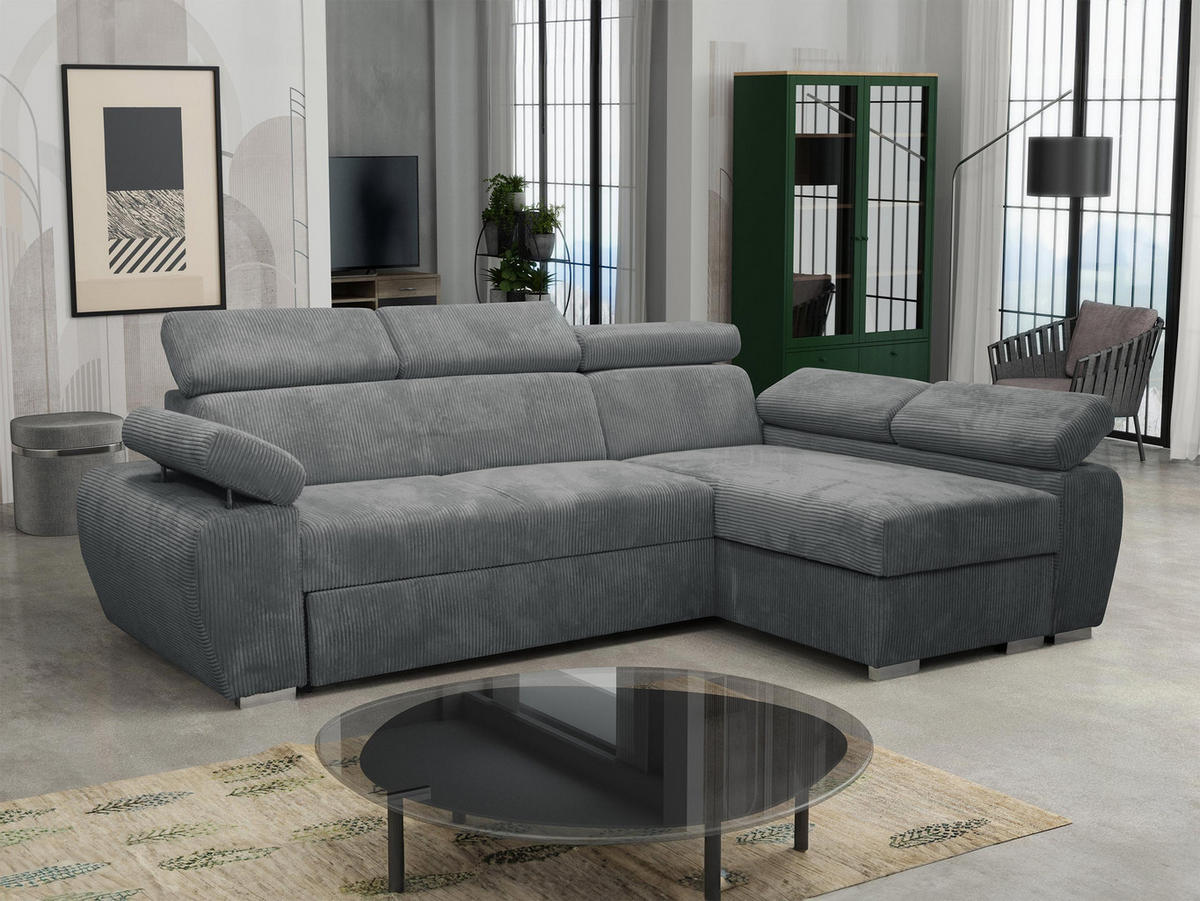 ECKSOFA Boston Mini Premium Cord 2RLC Seite: Rechts 2R+LC - Chromfarben/Grau, Holz/Textil (255/170cm) - MIRJAN24
