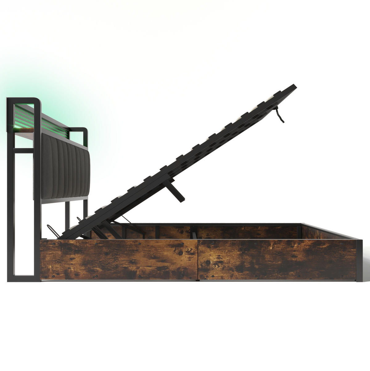POLSTERBETT 160/200 cm mit Matratze, LED-Kopfteil, USB, Steckdosen und Bettkasten, Grau - Grau, Textil (160/200cm) - Redom
