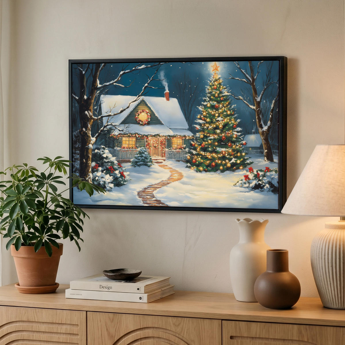 LEINWAND Bilder mit Rahmen - Weihnachten - Weihnachtsbaum - Winter - Zuhause - Schnee - 60x40 - Smaragdgrün, Textil (60/40cm) - MuchoWow