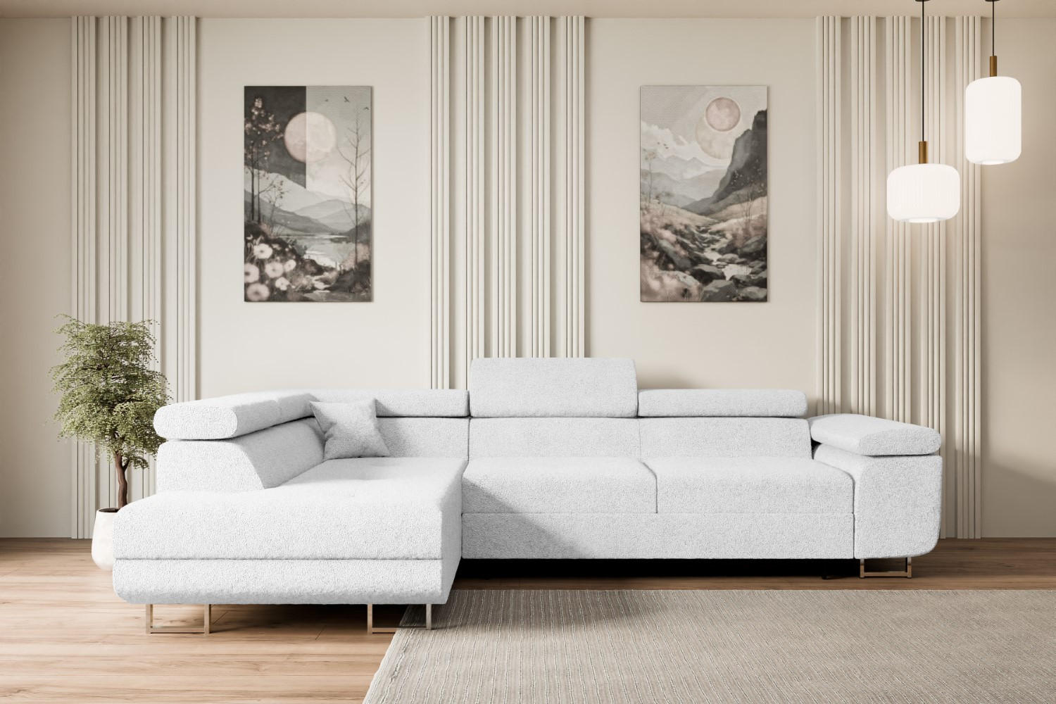 ECKSOFA mit Schlaffunktion und Bettkasten GUSA-L 272x202x107 cm Weiß Bouclé - Silberfarben/Weiß, Holzwerkstoff/Textil (202/272cm) - ALTDECOR
