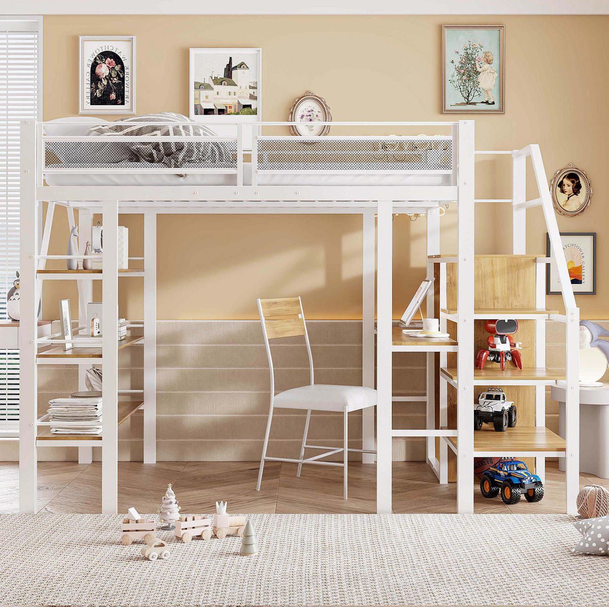 HOCHBETT 140/200 cm in Weiß mit Schreibtisch, Regal, Kleiderschrank und Treppe - Weiß, Metall (140/200cm) - Flora Grace