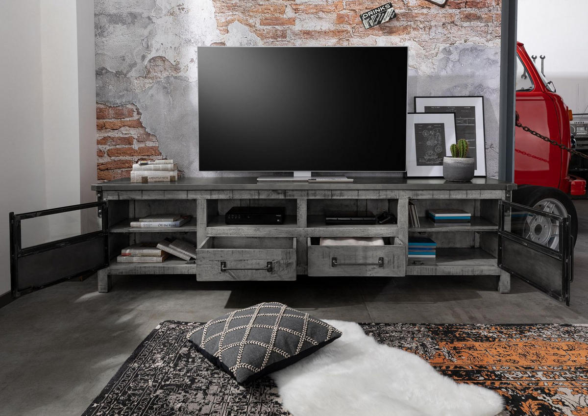 TV-BOARD Mango 220x40x60 grau lackiert HEAVY INDUSTRY #135 - Grau, Holz (220/60/40cm) - Massivmoebel24