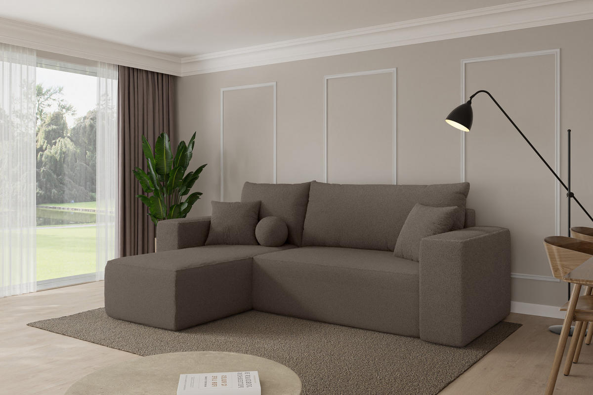 ROHOVÁ SEDAČKA s funkcí spaní, otoman vlevo SENO-L 249x139x85 hnědá bouclé - černá/hnědá, kompozitní dřevo/textil (249/139cm) - ALTDECOR