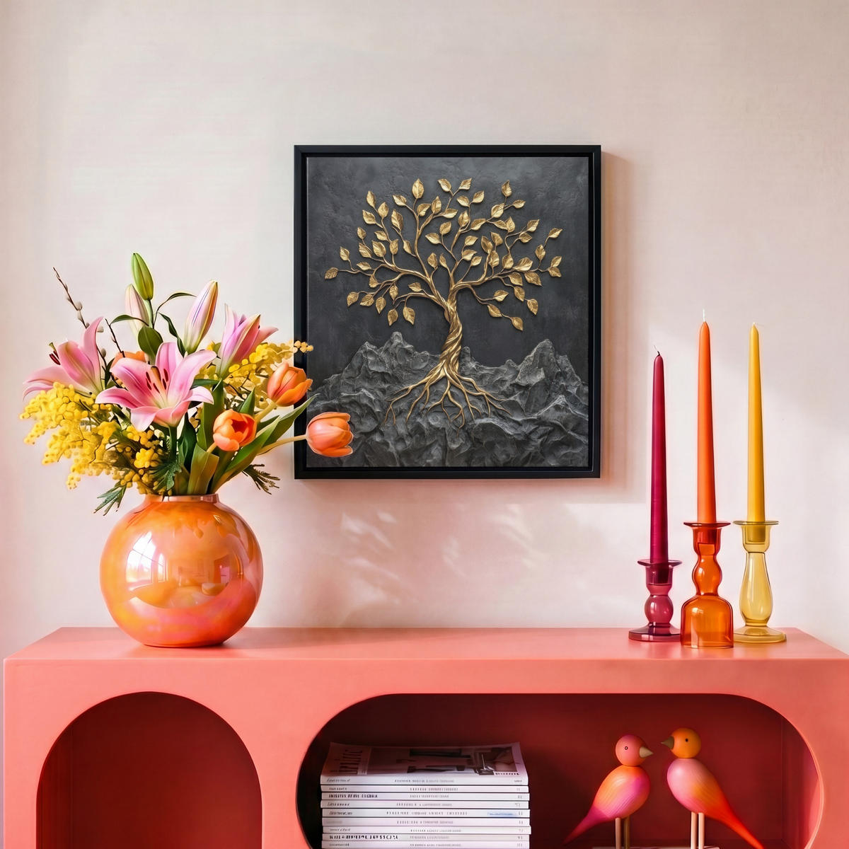 LEINWAND Bilder mit Rahmen - Blätter - Gold - Baum - Fels - 20x20 - Schwarz, Textil (20/20cm) - MuchoWow