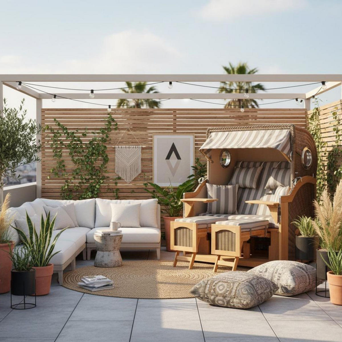 STRANDKORB Düne 2 Sitzer Teak PE Grey - Braun/Grau, Holz/Metall (125/170/80cm) - Mr. Deko