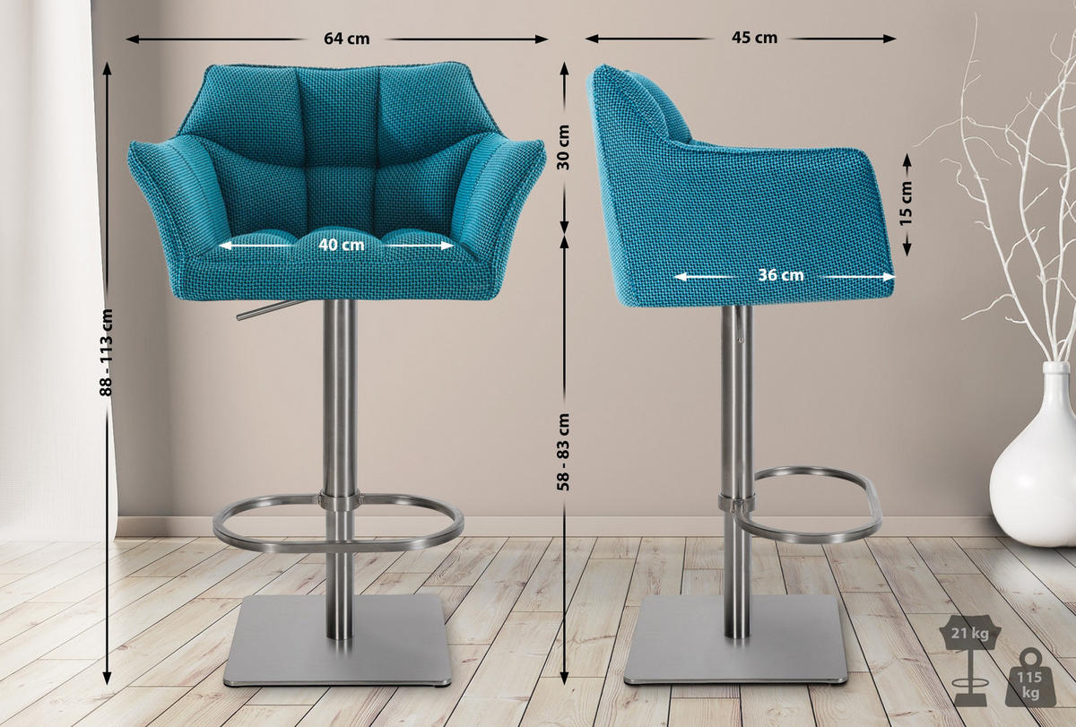 BARHOCKER 2er Set Stoff Türkis - Türkis/Edelstahlfarben, Textil/Metall (64/88/45cm) - CLP