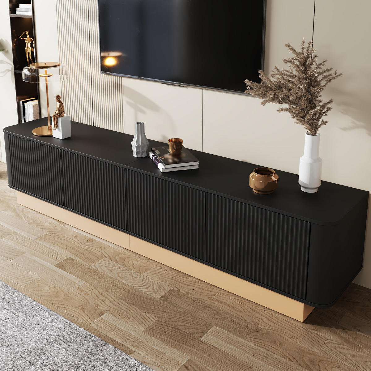 TV-LOWBOARD mit 4 Türen 200 x 40 cm MDF Schwarz - Schwarz, Holzwerkstoff (40/47.5/200cm) - Beauniv