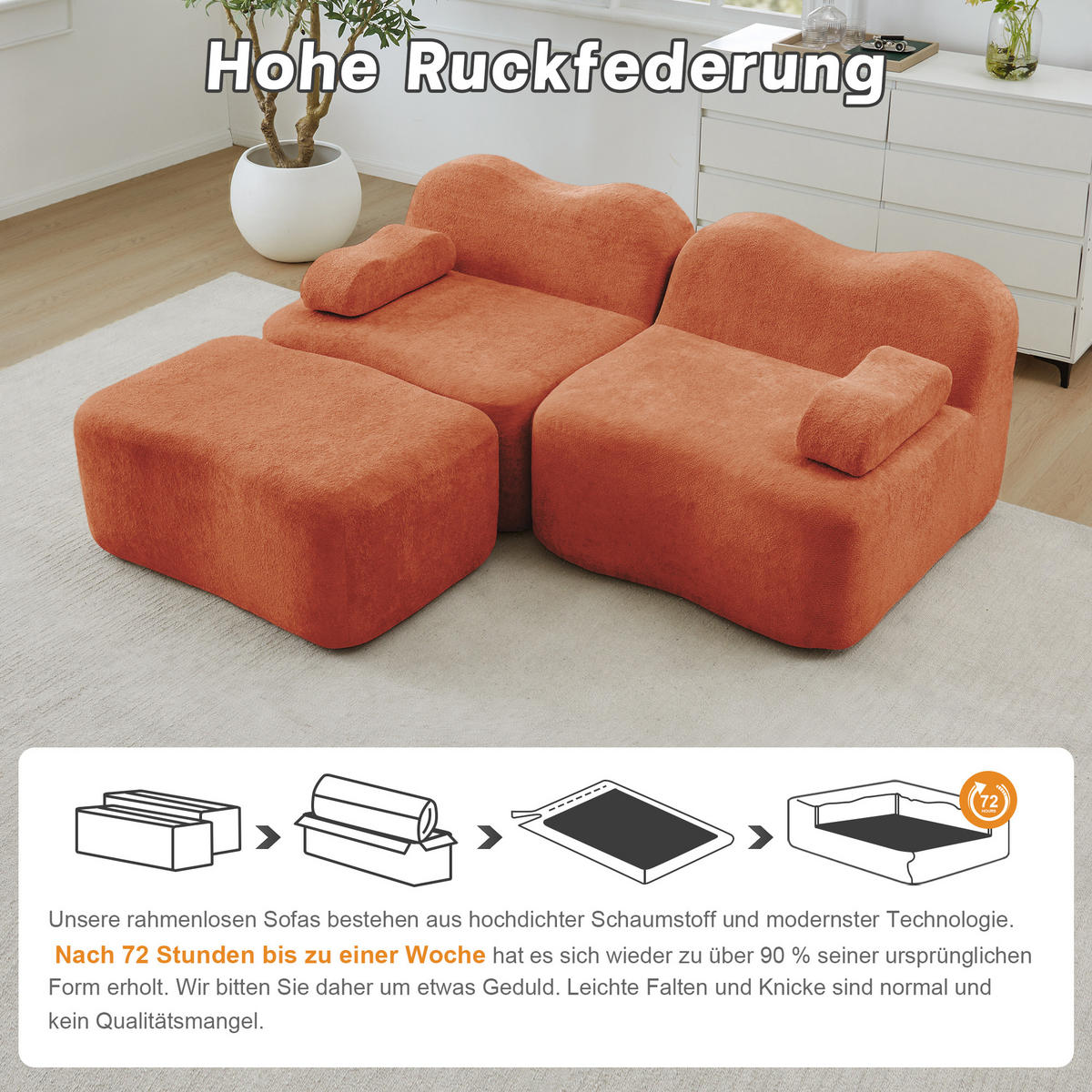 ECKSOFA 192×167×70 cm Samt rahmenlos modular mit 1 Ottoman, orange - Orange, Textil (167/192cm) - Luhomfu