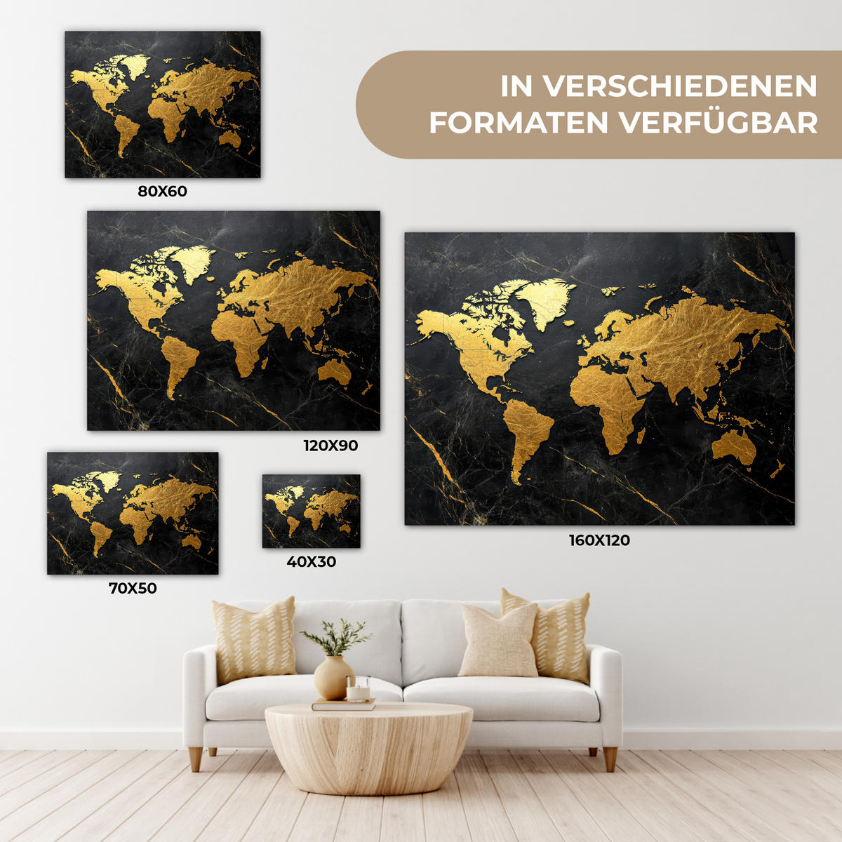 LEINWANDBILD Weltkarte - Gold - Marmor Wandbilder 80x60 cm - Goldfarben, Textil (80/60cm) - MuchoWow