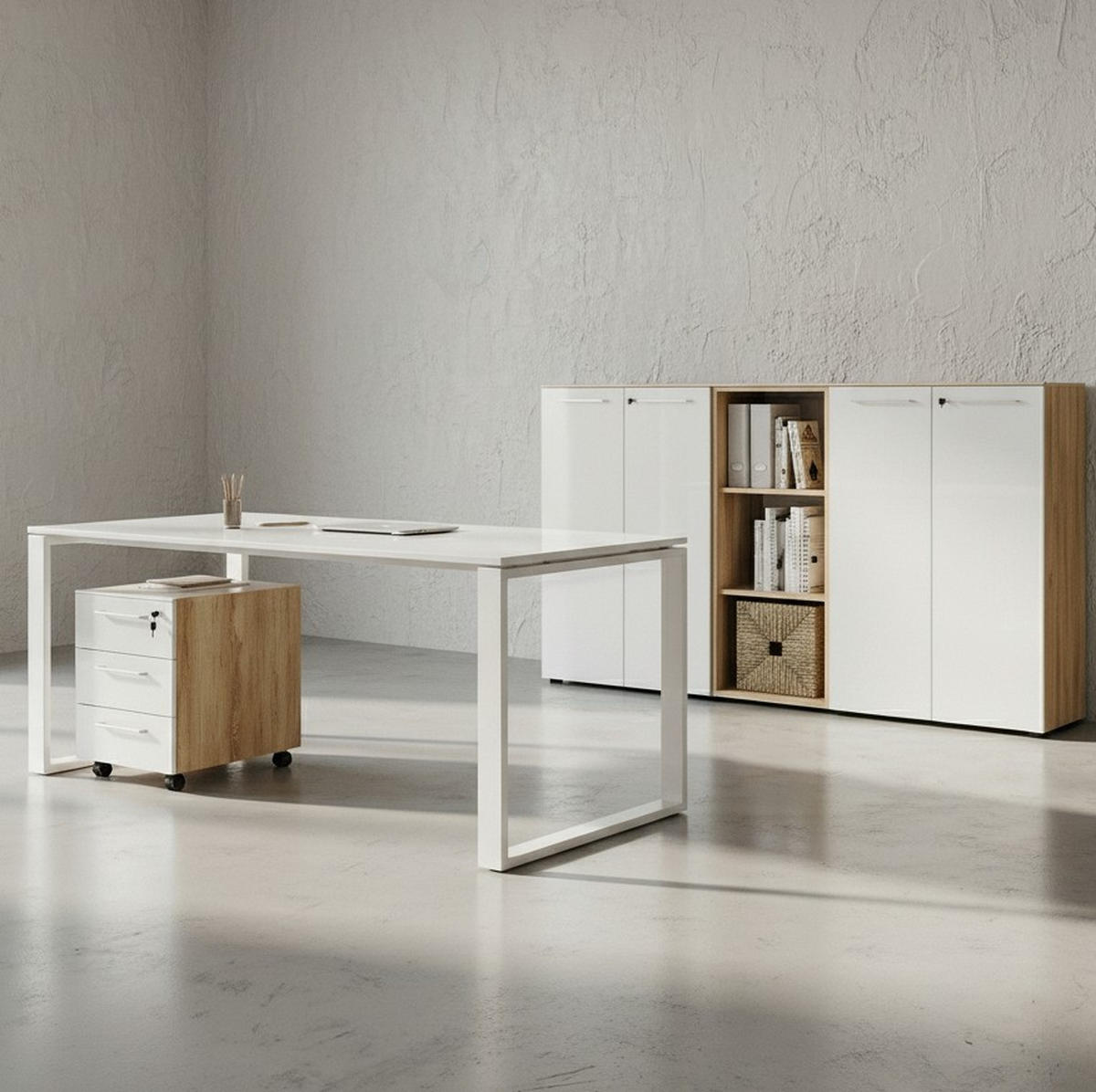 BÜRO-SET MUENCHEN 5-teilig | Glasfront Abschließbar | Schreibtisch, Container, 2 Schränke, Regal | Chalet-Eiche-Nb./Weiß - Weiß, Holzwerkstoff/Metall (415/120/80cm) - KADIMA DESIGN