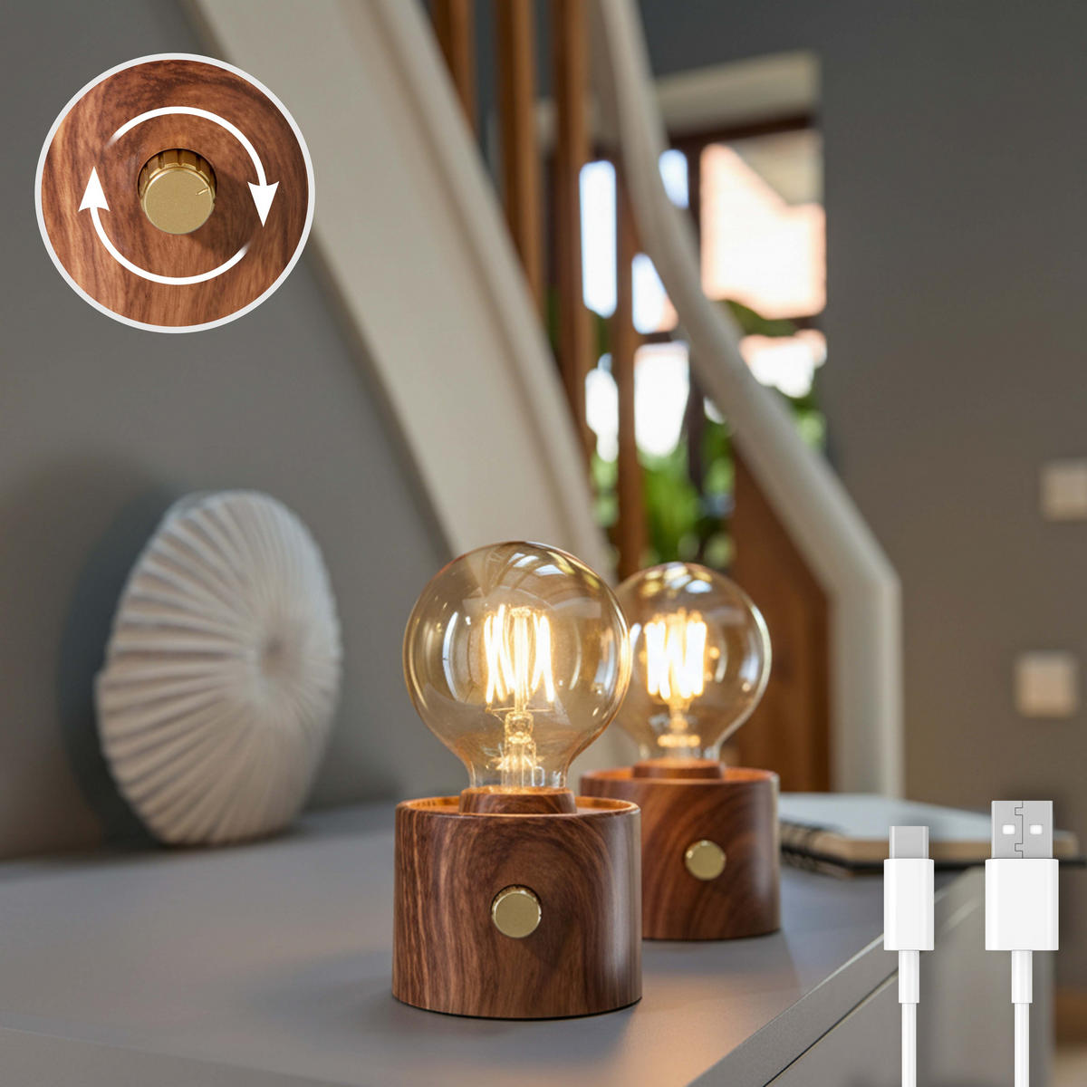 LED-TISCHLAMPE Vintage Edison dimmbar 10x9x16cm 2er-Set Walnuss - Braun, Kunststoff (10/8.7/16cm) - Northpoint