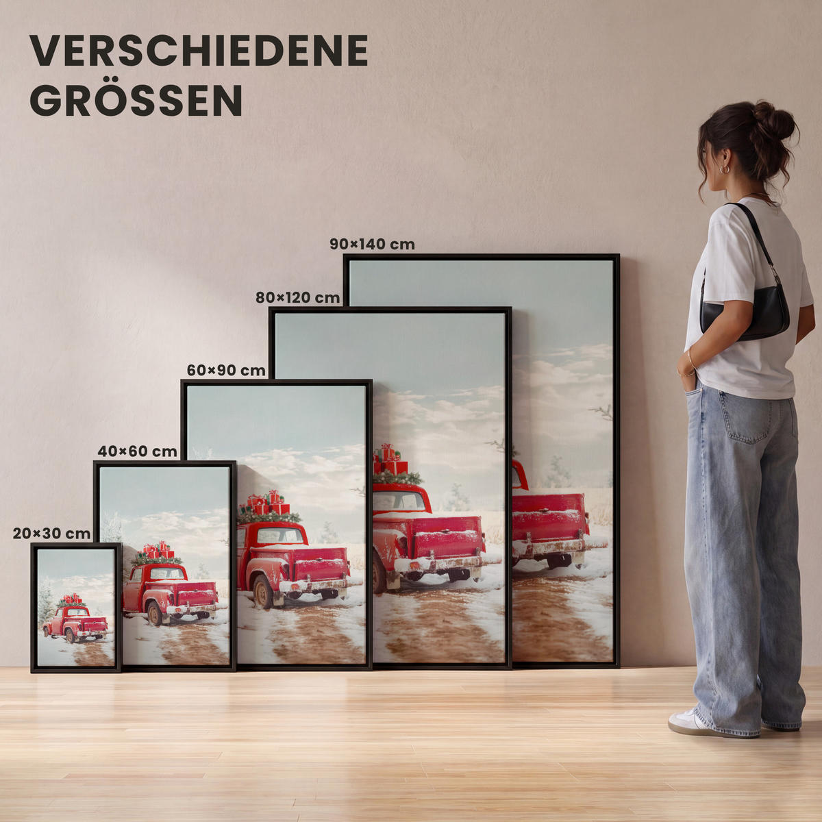 LEINWAND Bilder mit Rahmen - Auto - Rot - Geschenke - Winter - Schnee - Weihnachten - 40x60 - Rot, Textil (40/60cm) - MuchoWow