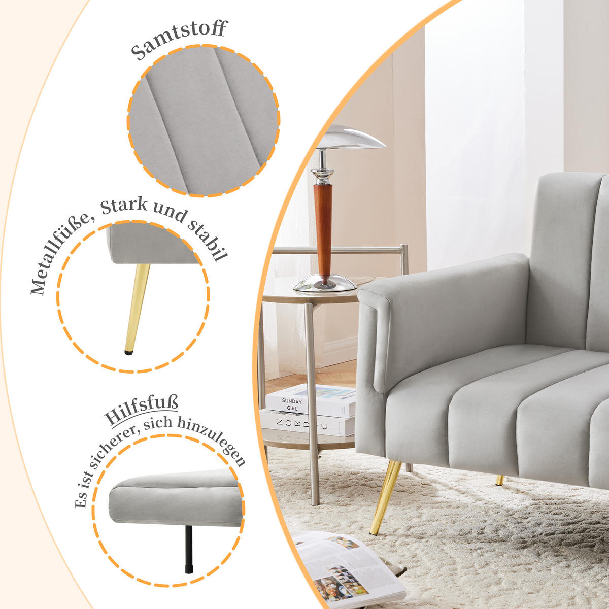 SOFA Schlaffunktion Klappbar Samtstoff Hilfsfüße Modern Gästezimmer - Grau, Holz (83.82/24.77/43.69cm) - FLIEKS