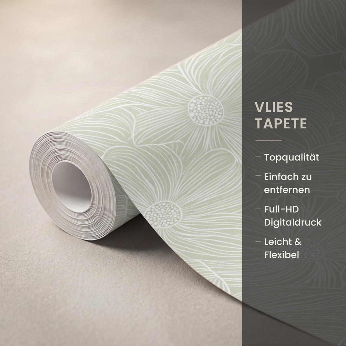 TAPETE - Gelassenheit - Blumen - Grün - 200x260 cm - Salbeigrün, Papier (200/260cm) - OnlyWow