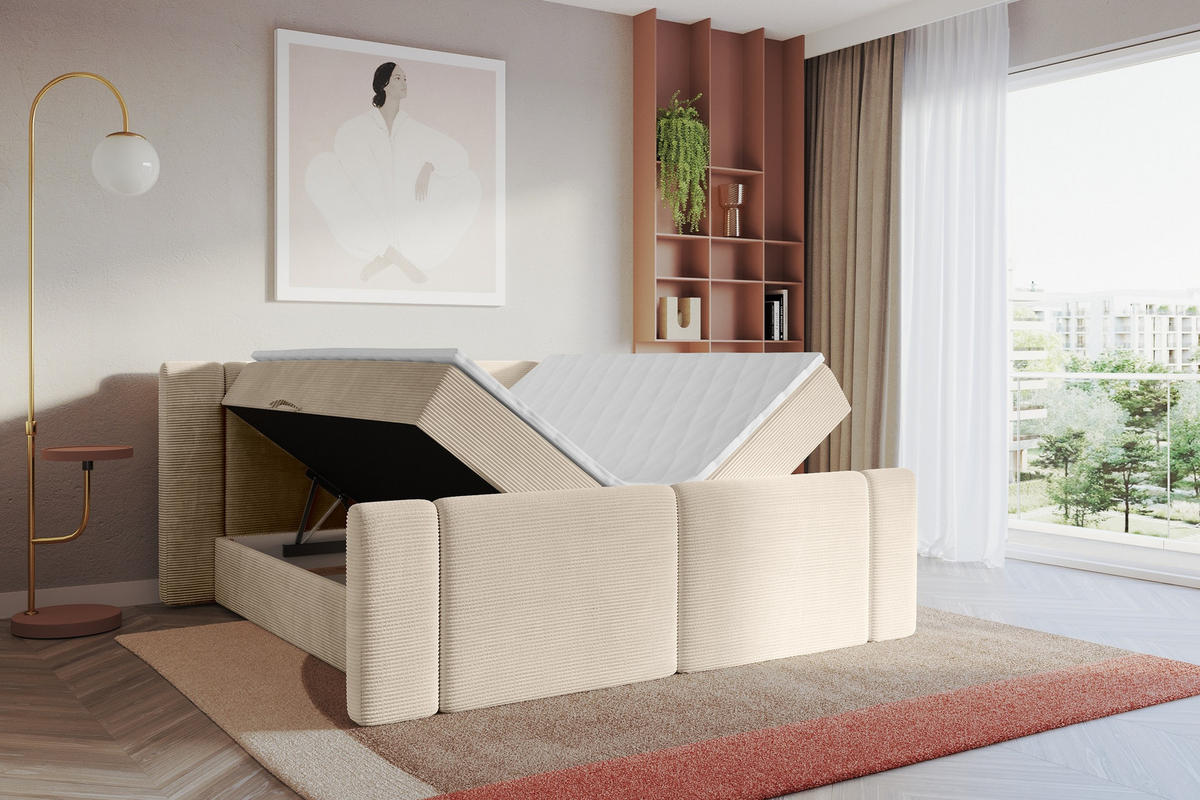 BOXBETT mit Matratze H3 - EVON Zanozek - 160x200 cm Beige - Ecru, Holzwerkstoff (160/200cm) - ALTDECOR