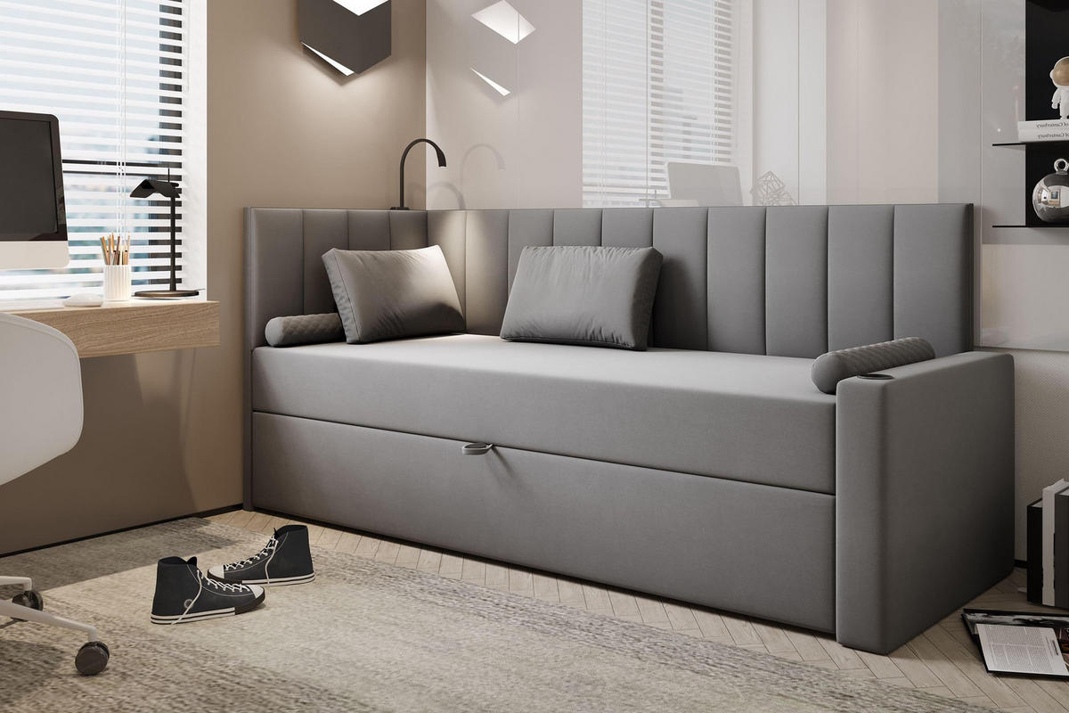 JUGENDBETT, 80 x 200 cm, Tokio, Bett mit Bonellmatratze H3 und Bettkasten, Einzelbett, Grau - Grau, Holzwerkstoff/Kunststoff (80/200cm) - Trada
