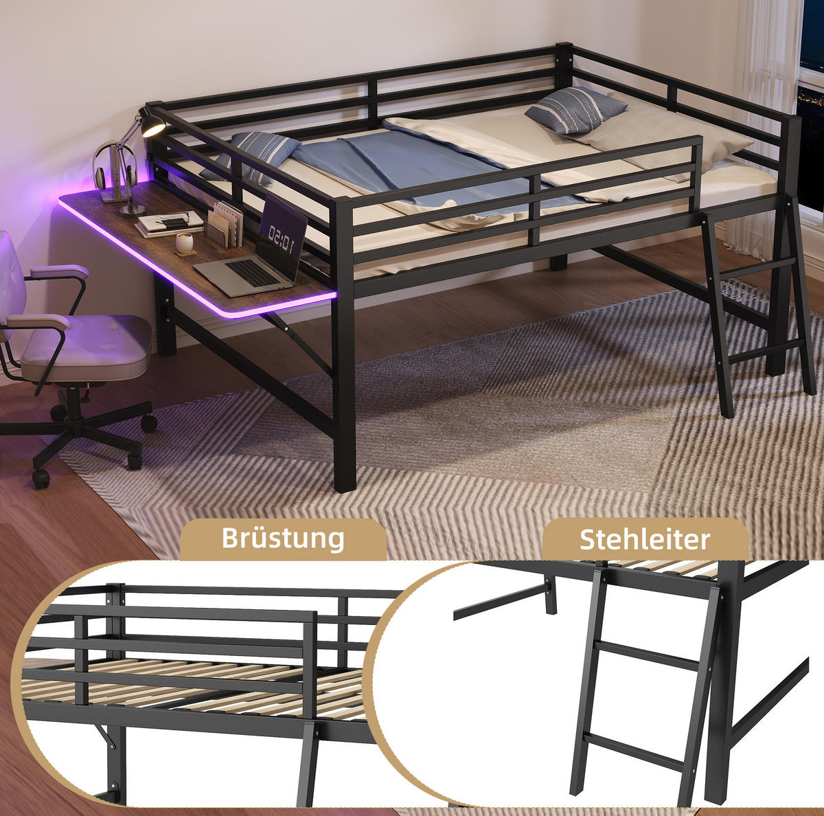 HOCHBETT 140/200 cm Schwarz mit LED und Schreibtisch - Schwarz, Metall (140/200cm) - MIVRAY