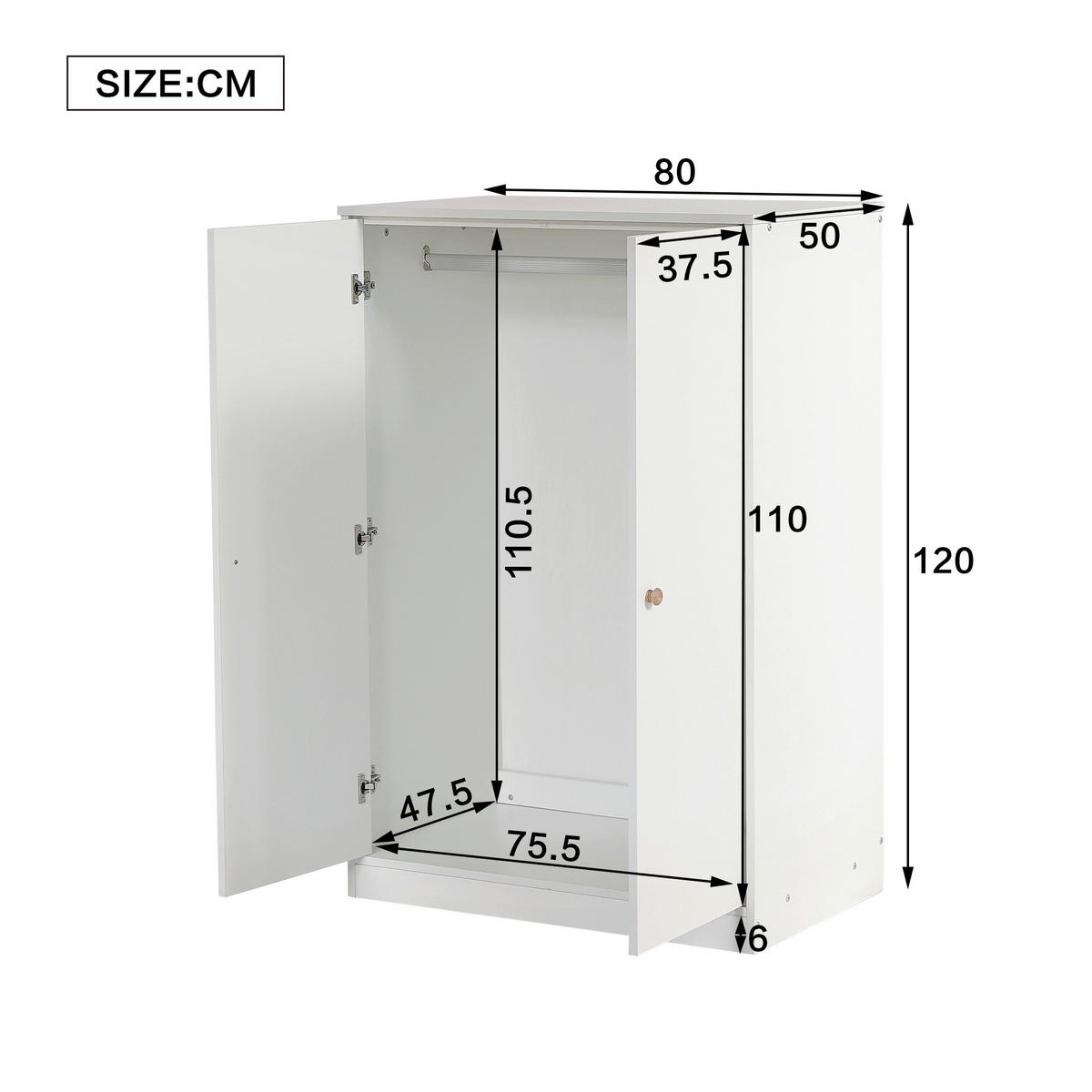 KLEIDERSCHRANK 2-türig 80/50/120 cm in Weiß mit Kleiderstange - Weiß, Holz (80/120/50cm) - BEAOK