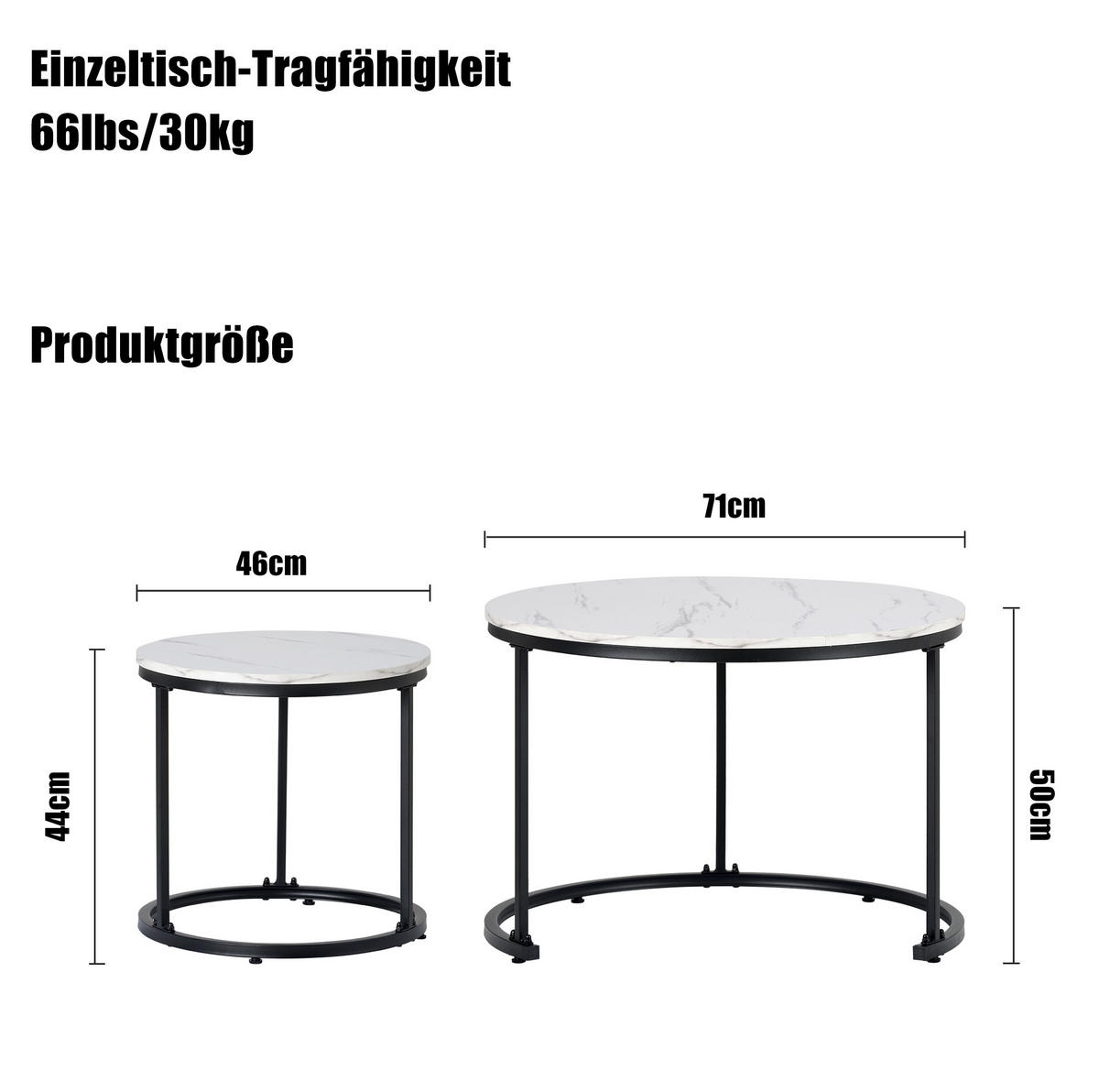 COUCHTISCH 2er-Set 50/70,5 cm & 45,5/44 cm in Marmoroptik, nestbar - Weiß, Holzwerkstoff (70.5/70.5/50cm) - Flora Grace