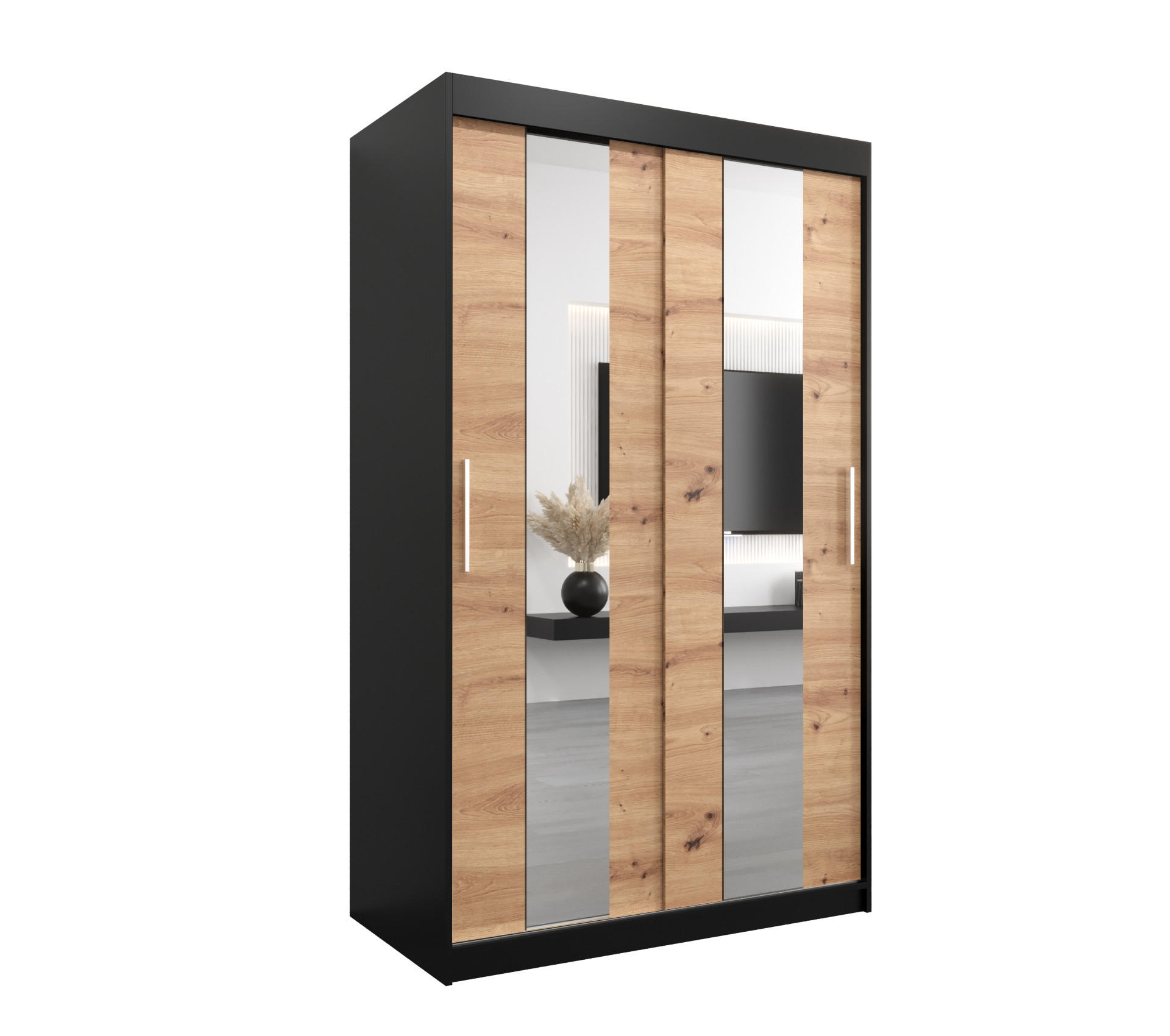Abiks Möbel Schwebetürenschrank Schwarz, Eiche Artisan 120x200x62 cm
