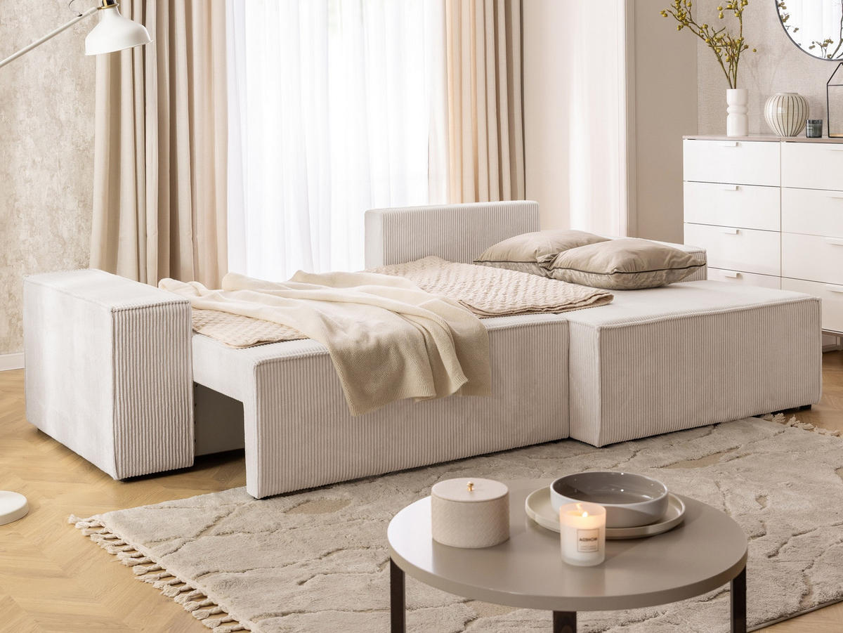ECKSOFA Rivio mit Schlaffunktion und Bettkasten, Cordstoff Beige - Beige/Schwarz, Holz/Kunststoff (262/149cm) - S-Style