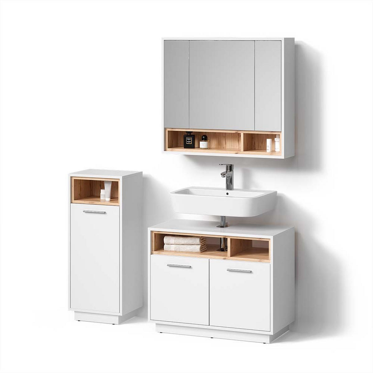 BADMÖBEL-SET Temo Weiß 3 Teile - Weiß/Sonoma Eiche, Holzwerkstoff (80/64/40cm) - Livinity®
