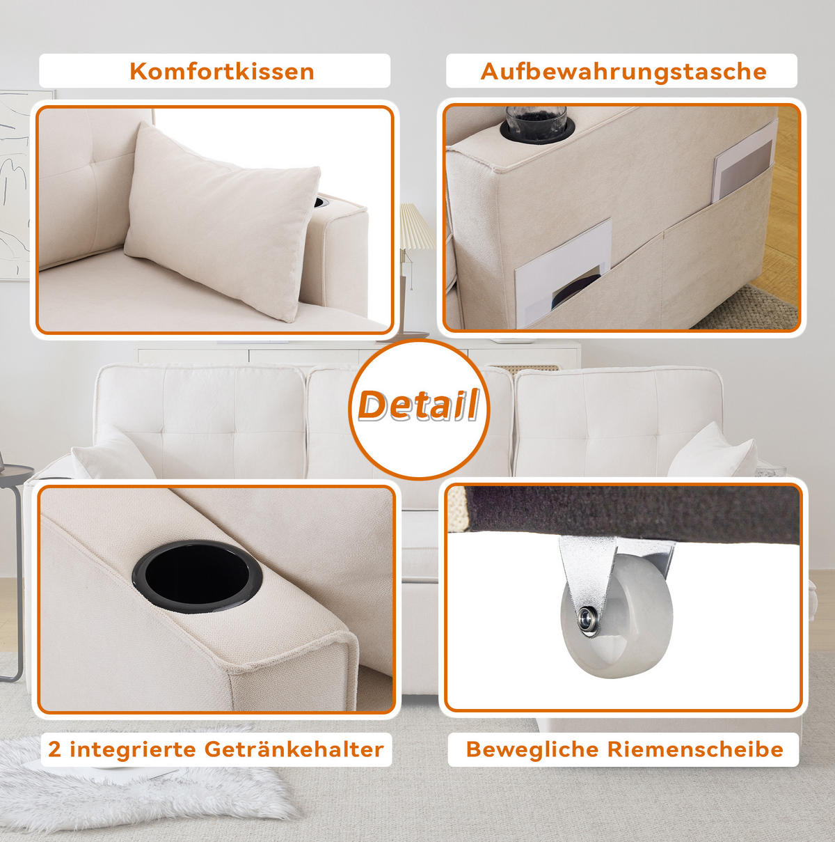 SCHLAFSOFA aus Baumwoll-Leinen mit Stauraum & Getränkehaltern, 211/130/86 cm, Beige - Beige, Textil (130/86/211cm) - Redom
