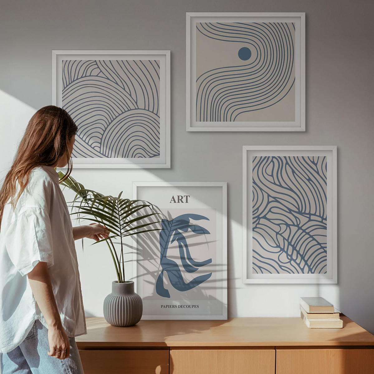 WANDBILDER 4er-Set - 50x50 cm & 40x60 cm Weißer Rahmen - Abstrakte blaue Linien - Weiß, Kunststoff (50/50cm) - ArtPrintCave