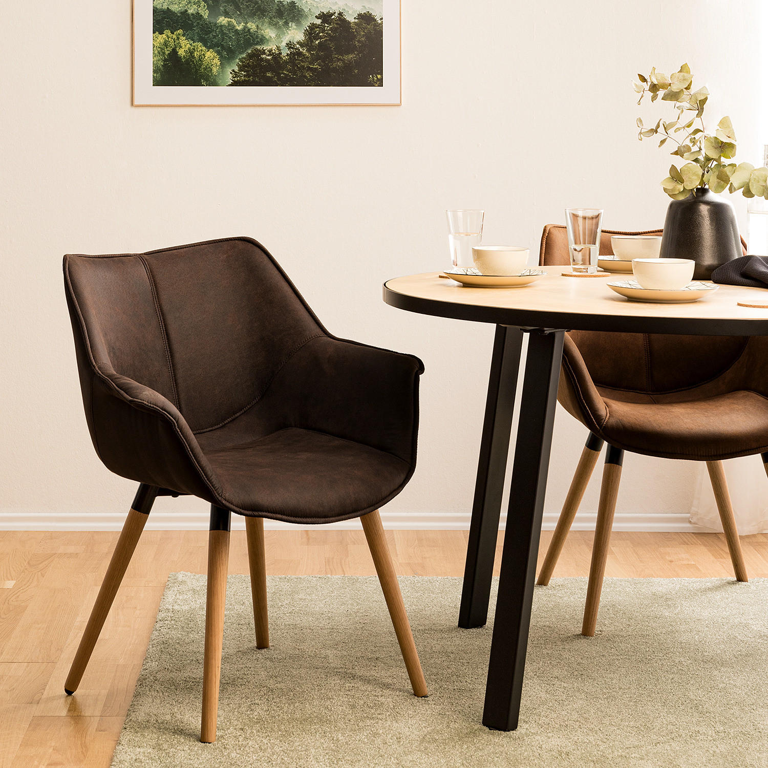 ARMLEHNENSTUHL - Microfaser / Eiche massiv - Dunkelbraun, Textil (70/81/64cm) - home24