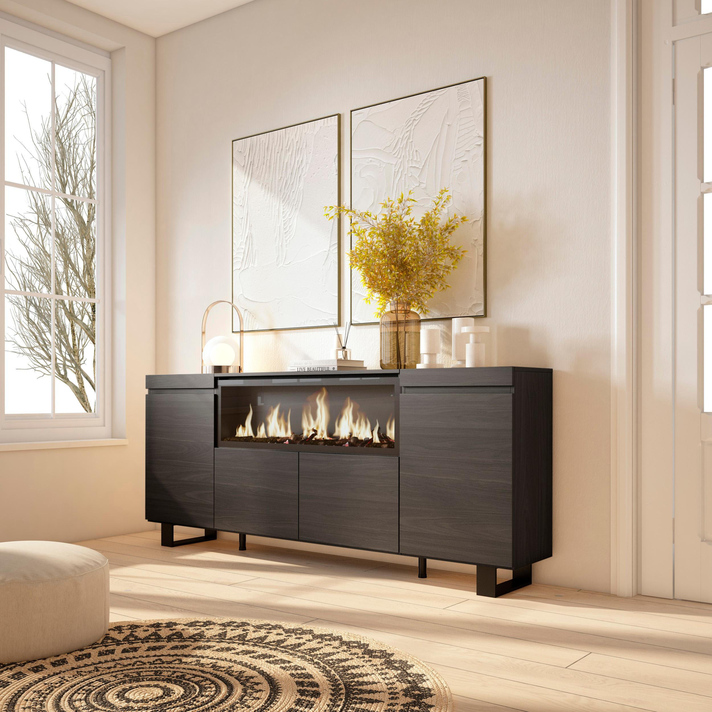 SIDEBOARD Highboard, Elektrokamin XXL, schwarz, 208/35/87cm - Schwarz, Holzwerkstoff (208/87/35cm) - Skraut Home