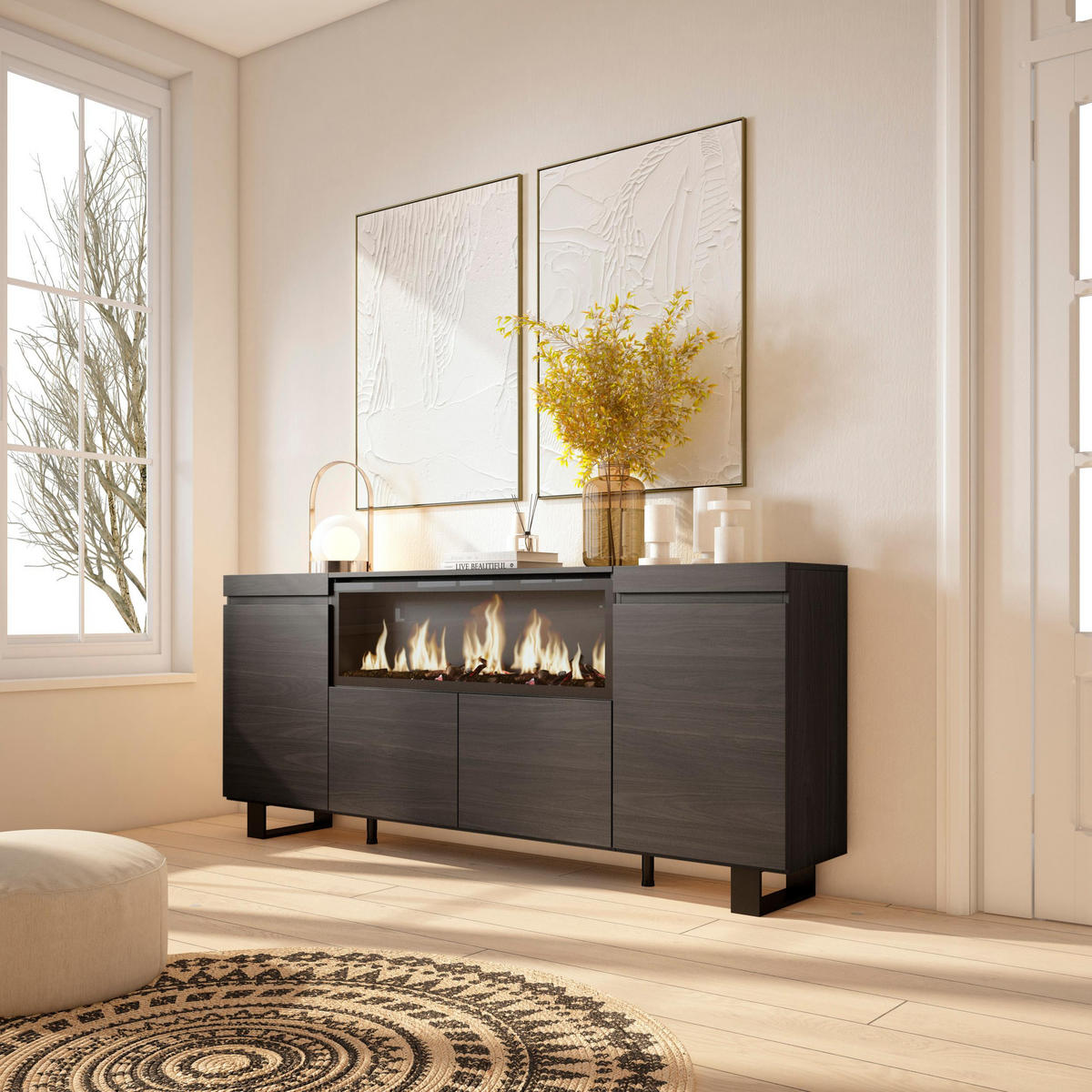 SIDEBOARD Highboard, Elektrokamin XXL, schwarz, 208/35/87cm - Schwarz, Holzwerkstoff (208/87/35cm) - Skraut Home