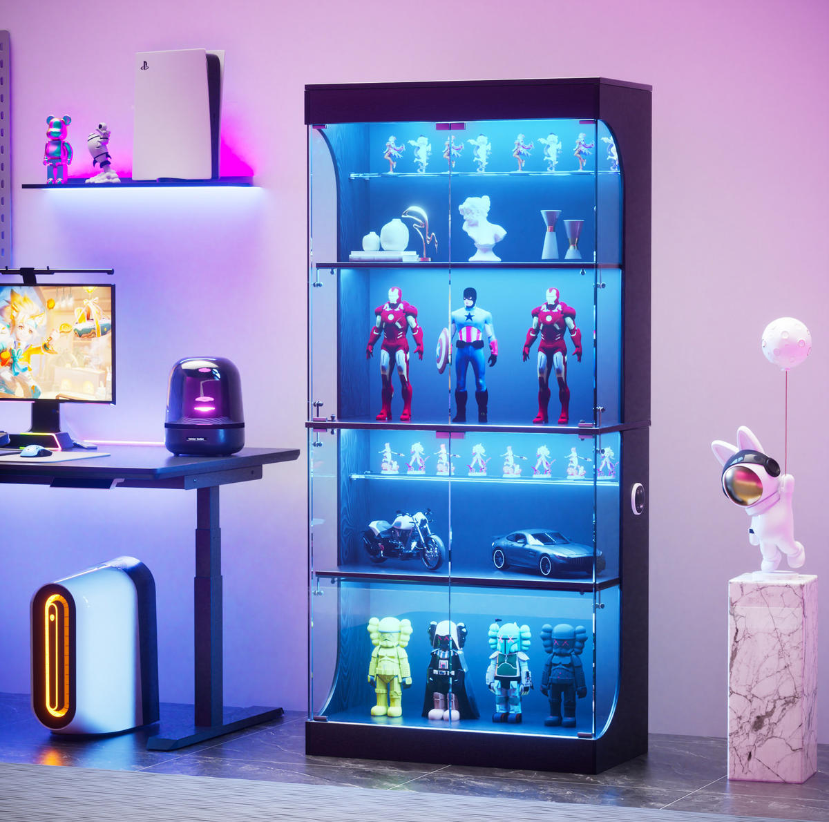 VITRINE aus Glas und Spanplatte 80x35x165 cm Schwarz mit LED-Beleuchtung, USB-/Type-C-Ladestation und Bewegungssensor - Schwarz, Glas (80/165/35cm) - Modfu
