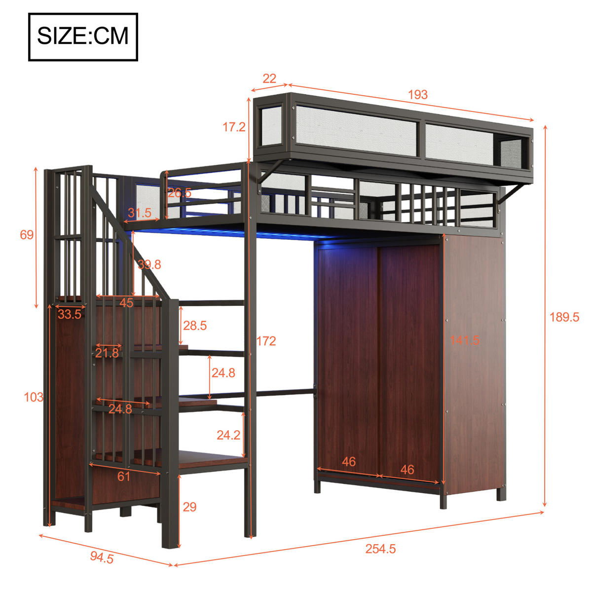 HOCHBETT 90/200 cm Schwarz aus Metall, Sperrholz und MDF mit Kleiderschrank und LED-Beleuchtung - Schwarz, Metall (90/200cm) - OKMYHOME
