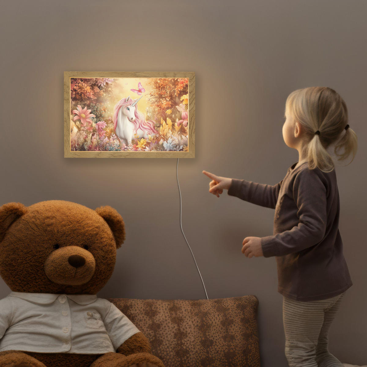 NACHTTISCHLAMPE Einhorn - Blumen - Schmetterling - Rosa 30x20 cm - Beige, Holzwerkstoff (8/30/20cm)