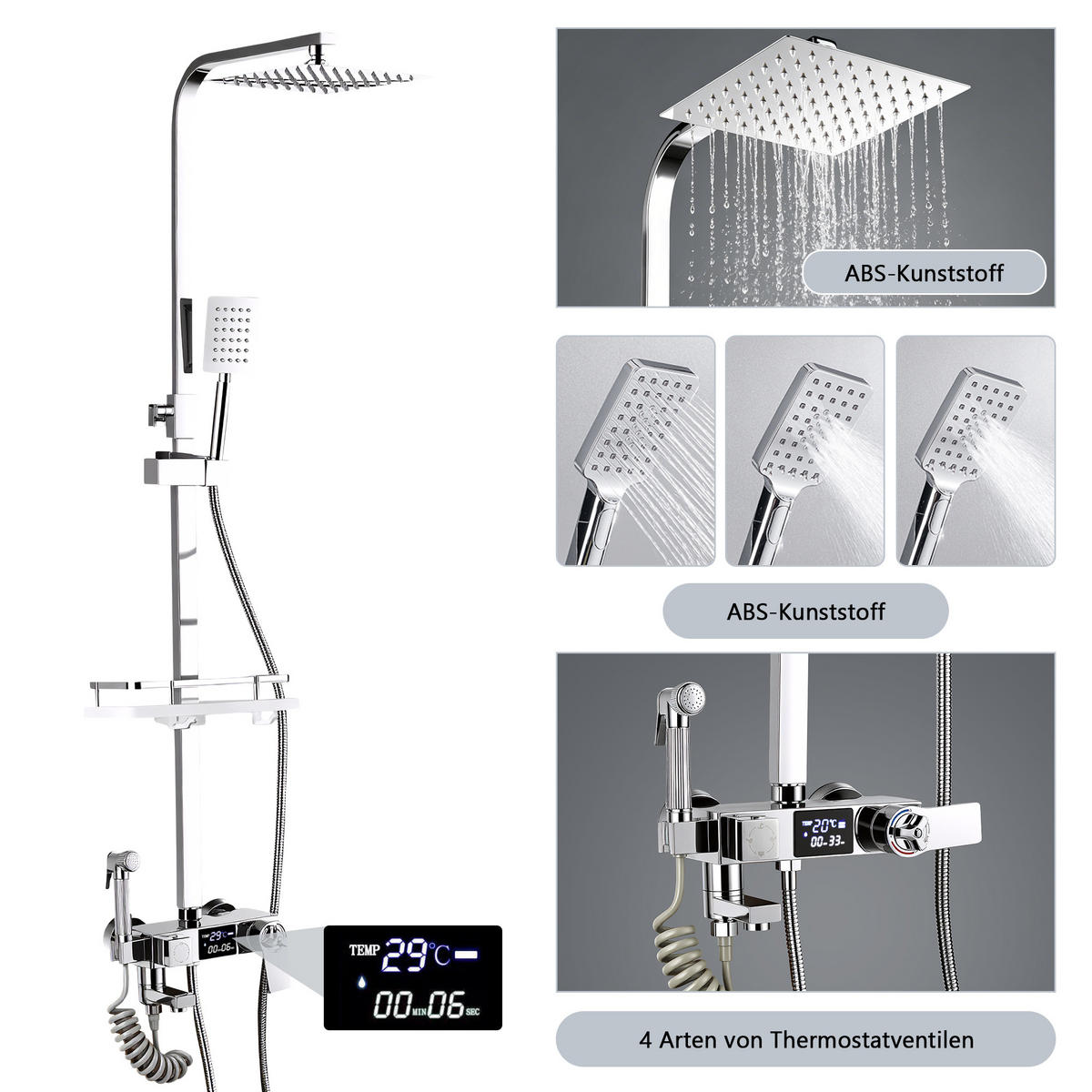 DUSCHSYSTEM Chrom Digital-Temperaturanzeige 4-Funktions Duschset - Silberfarben, Metall (30/11.8/72cm) - SHOPENTRA