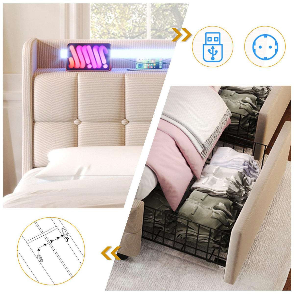 POLSTERBETT mit USB-Ladefunktion, Kopfteil und LED-Beleuchtung - Beige, Textil (90/200cm)