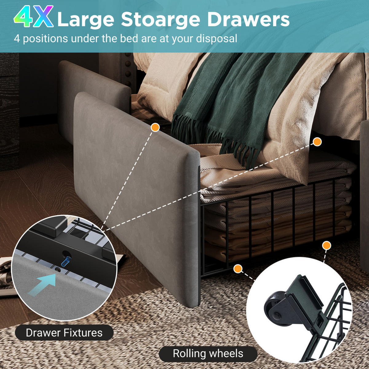 POLSTERBETT 180x200cm Doppelbett 4 Schubladen LED & USB-C Grau Samt - Grau, Holz - FLIEKS