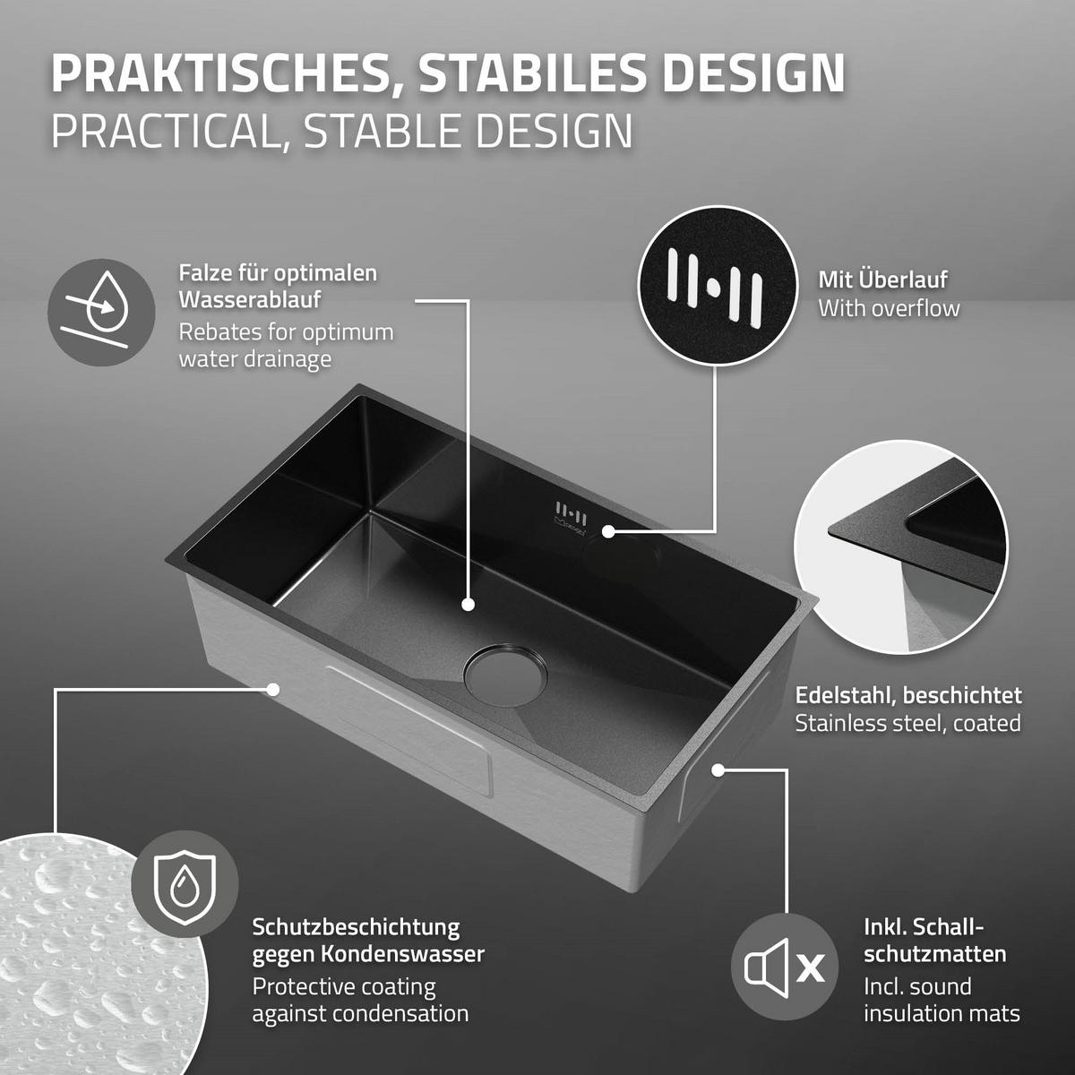 SPÜLBECKEN Edelstahl 70/40cm Anthrazit - Anthrazit, Metall (40/20/70cm) - ML-DESIGN