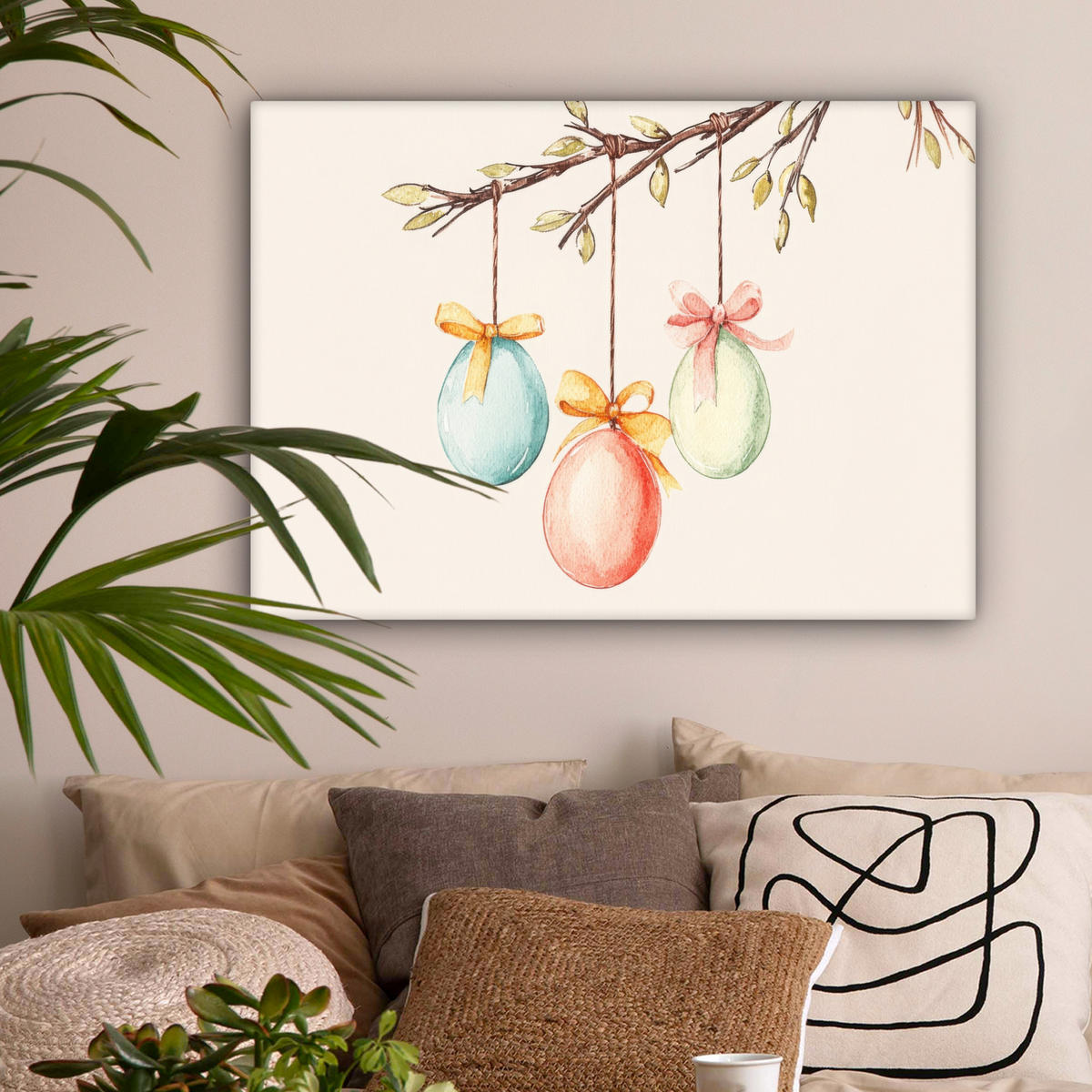 LEINWANDBILD Osterkuchen - Schleife - Eier Wandbilder 80x60 cm - Creme, Textil (80/60cm) - MuchoWow