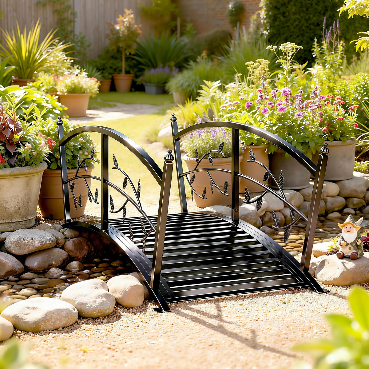 GARTENBRÜCKE,METALL Teichbrücke 1,2m Blattdekor,schwarz - Schwarz, Metall (120/51/47cm) - Vallsero