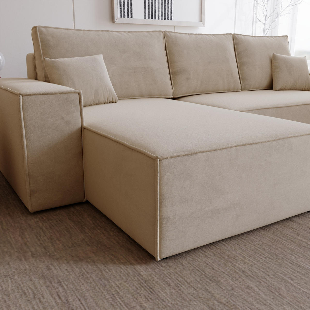 ECKSOFA mit Schlaffunktion Bergamo L 280 cm, Samt, Links - Beige - Beige, Holz (277/189cm) - Emporius
