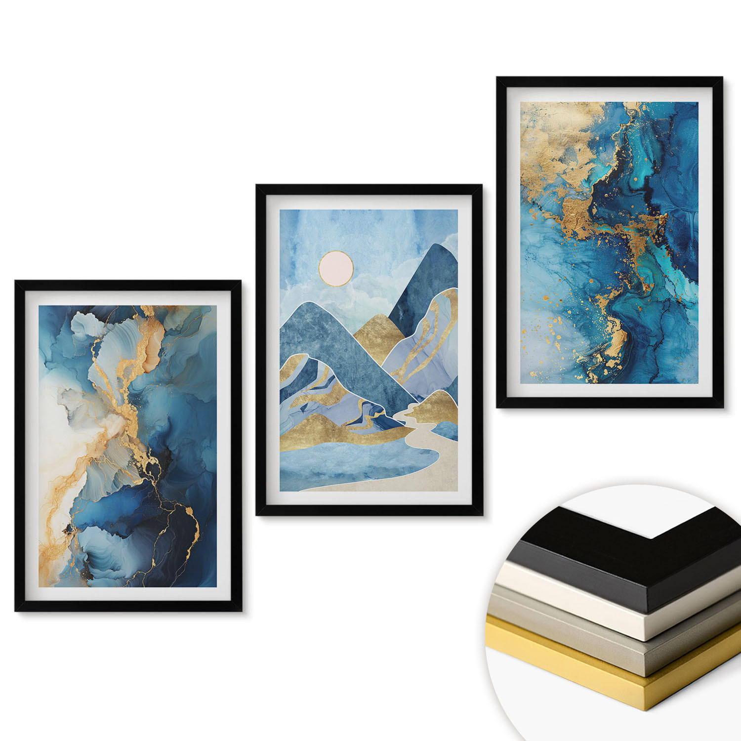 WANDBILDER 3er-Set - 40x60 cm Schwarzer Rahmen - Abstrakte Muster der Blue Mountains - Schwarz, Kunststoff (40/60cm) - ArtPrintCave