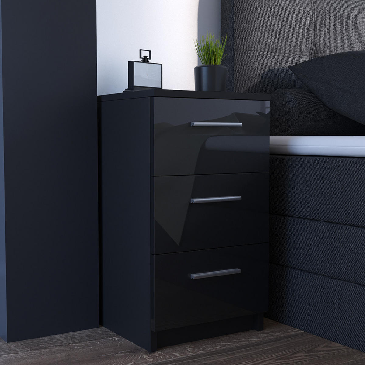 NACHTTISCH Schwarz Hochglanz 38 x 66 cm 2er Set - Schwarz Hochglanz/Schwarz, Holzwerkstoff (38/66/35cm) - Vicco