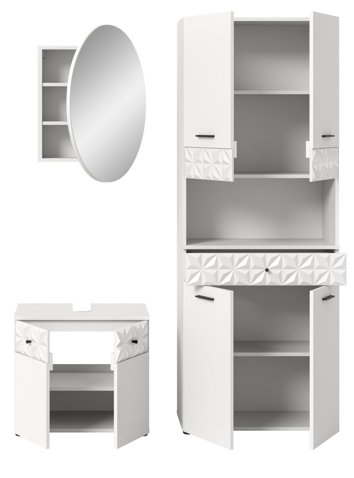 BADMÖBEL-SET weiß Hochglanz 3-teilig 155 cm, Komplettset mit 3D-Struktur - Weiß Hochglanz, Glas/Holzwerkstoff (155/187/37cm) - Inn.Furn