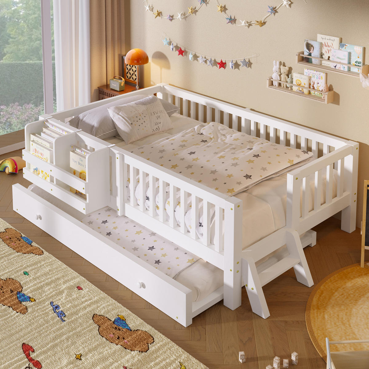 KINDERBETT 90/200 cm in Weiß mit Ausziehbett und Rausfallschutz im skandinavischen Design - Weiß, Holzwerkstoff (90/200cm) - STILVORA