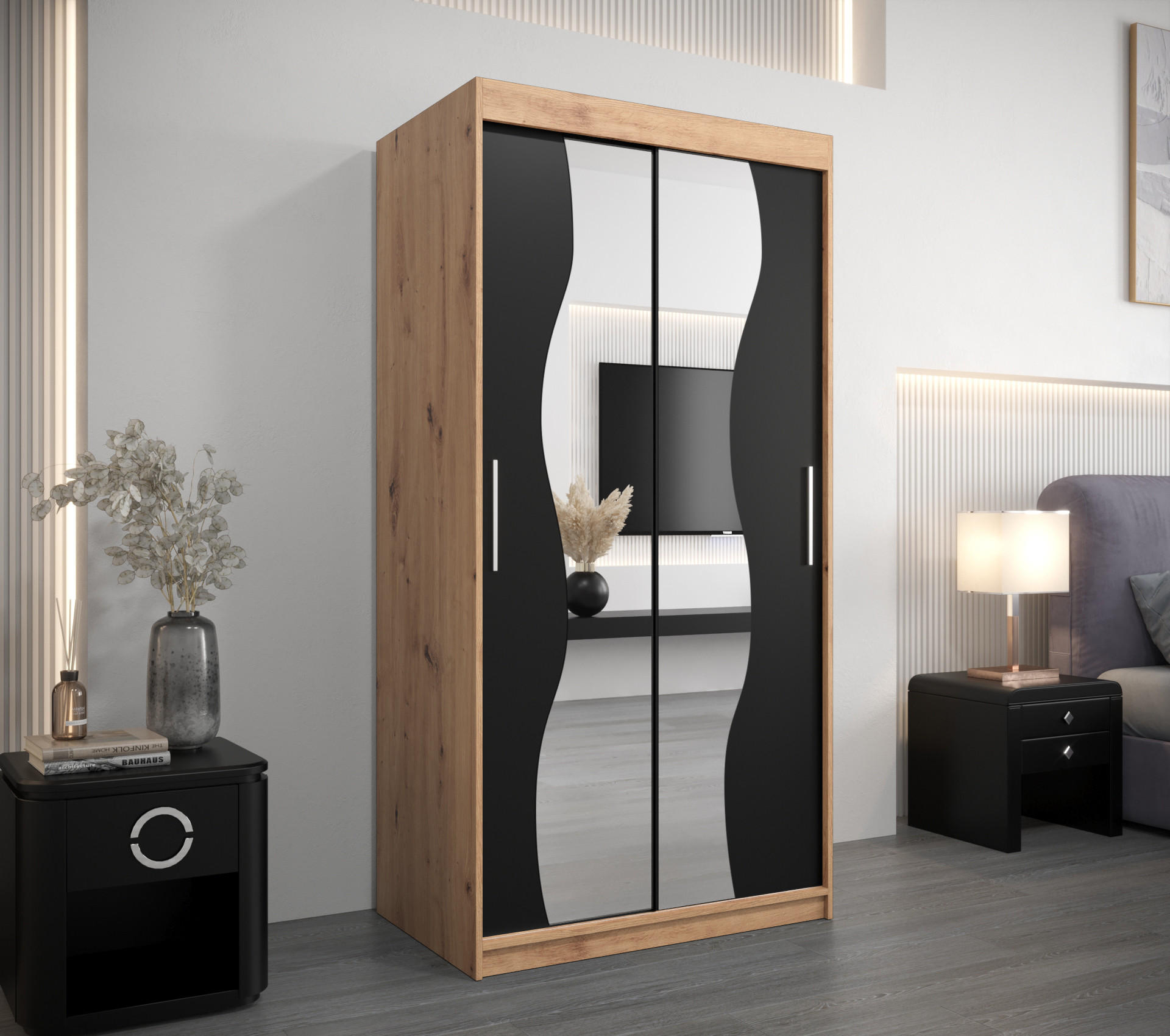 SCHWEBETÜRENSCHRANK 200/100/62 2-türig - Silberfarben/Schwarz, Holz/Kunststoff (100/200/62cm) - MÖBEL KRYSPOL