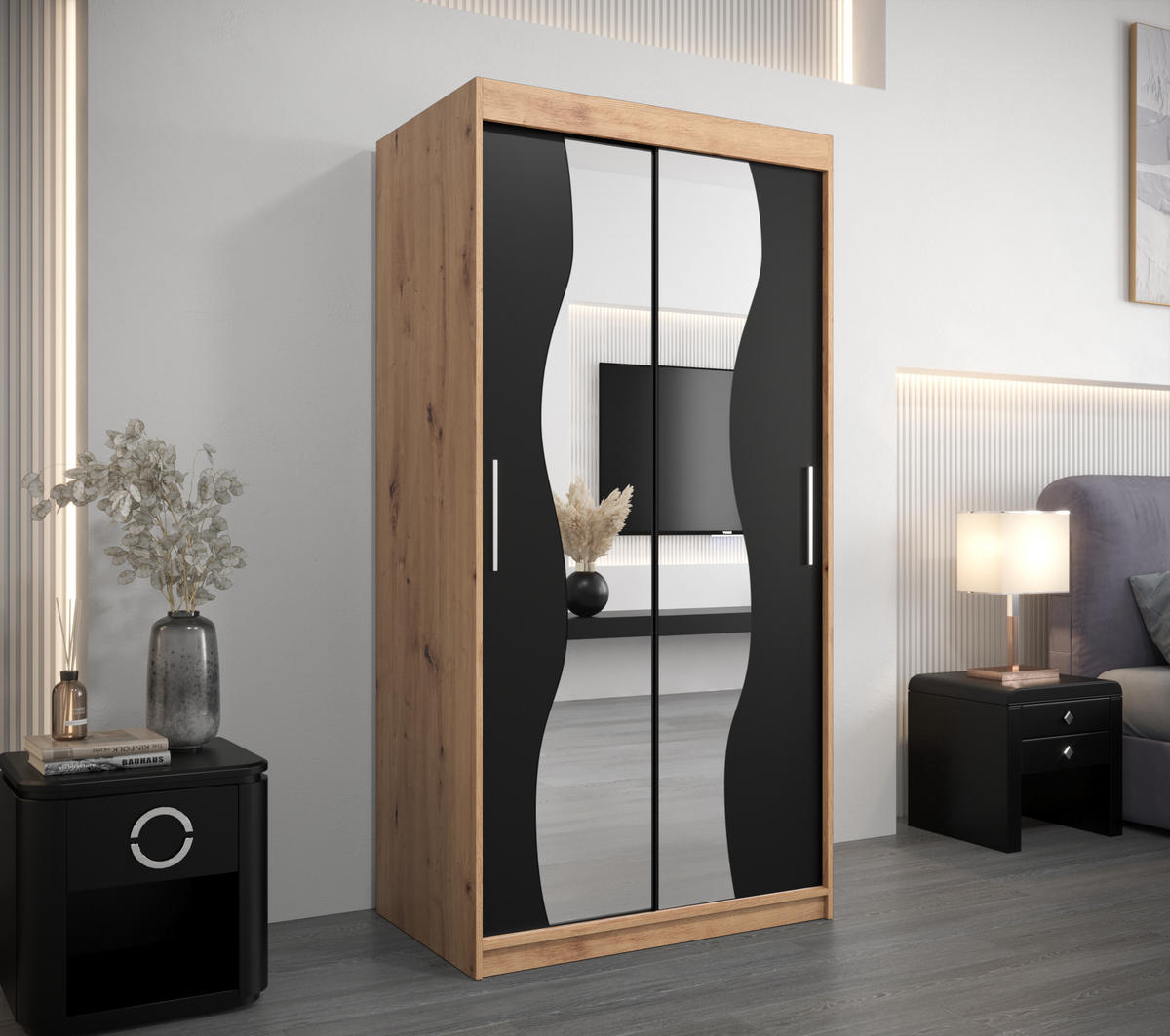 SCHWEBETÜRENSCHRANK 200/100/62 2-türig - Silberfarben/Schwarz, Holz/Kunststoff (100/200/62cm) - Abiks Möbel