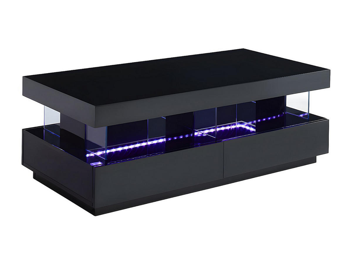 COUCHTISCH mit 2 Schubladen + 2 Ablagen + LEDs - MDF lackiert - Schwarz - FABIO - Schwarz, Holz (120/60/42cm) - Vente-Unique